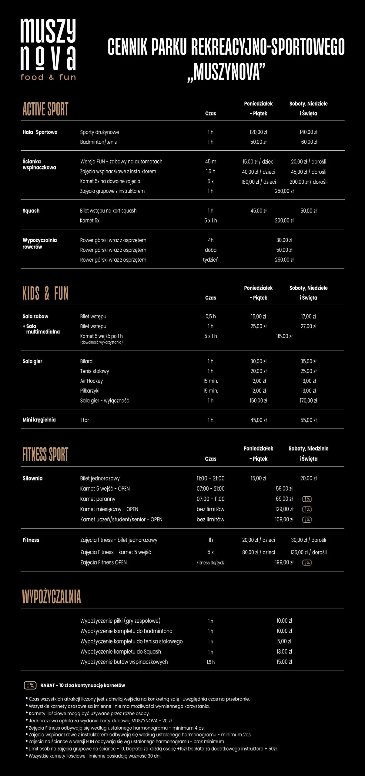 Price list of Muszynova Recreational and Sports Park in Muszyna